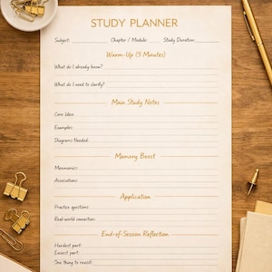 May include: A beige study planner sheet with printed text including Study Planner, Warm-Up, Main Study Notes, Memory Boost, Application, and End-of-Session Reflection, featuring blank lines for writing subject, chapter, and study details.