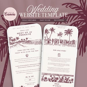 Puede incluir: Una plantilla de sitio web de bodas digital mostrada en dos pantallas móviles, con una ilustración tropical de color granate oscuro sobre un fondo claro. El texto incluye "Wedding Website Template", "Meet Us In Paradise" y "Our Love Story" con motivos de palmeras.