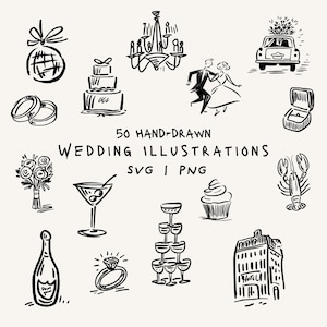 Puede incluir: Una colección de 50 ilustraciones de boda dibujadas a mano en blanco y negro, en formatos SVG y PNG. El conjunto incluye bocetos de una lámpara de araña, un pastel de bodas, una pareja bailando, un coche, anillos, un ramo, un martini, un cupcake, una langosta, una botella de champán, un anillo, una torre de copas y un edificio de hotel.