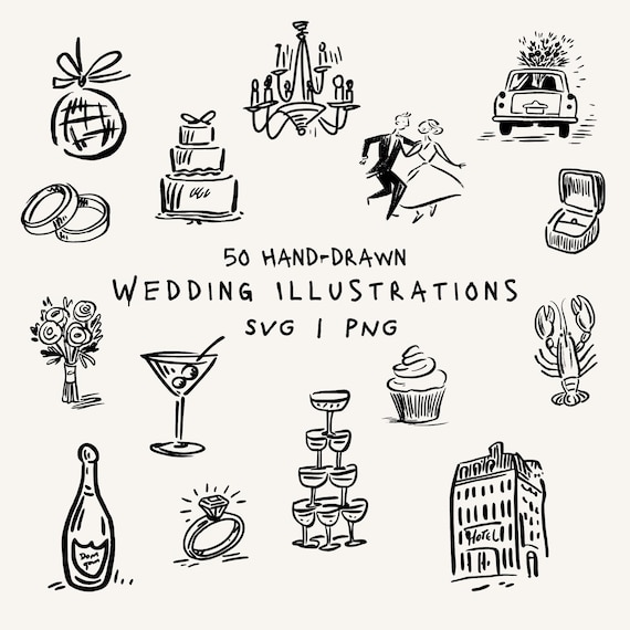 50 Hand-Drawn Wedding Icons: PNG + SVG + Canva Clip Art (Digital Download)