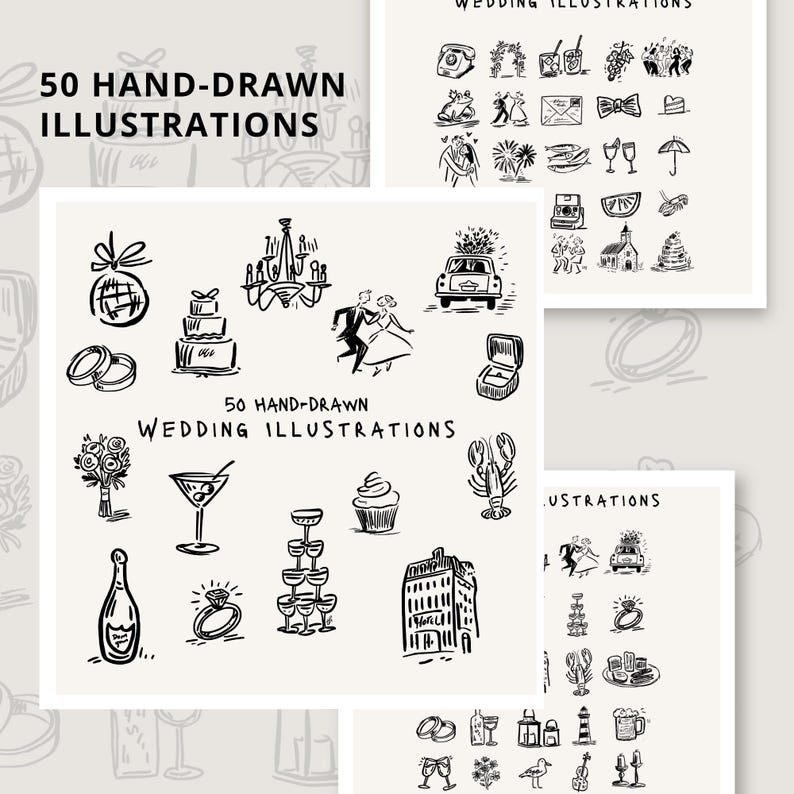手描きウェディングアイコン50点：Canva SVGクリップアート（デジタルダウンロード） 画像 2