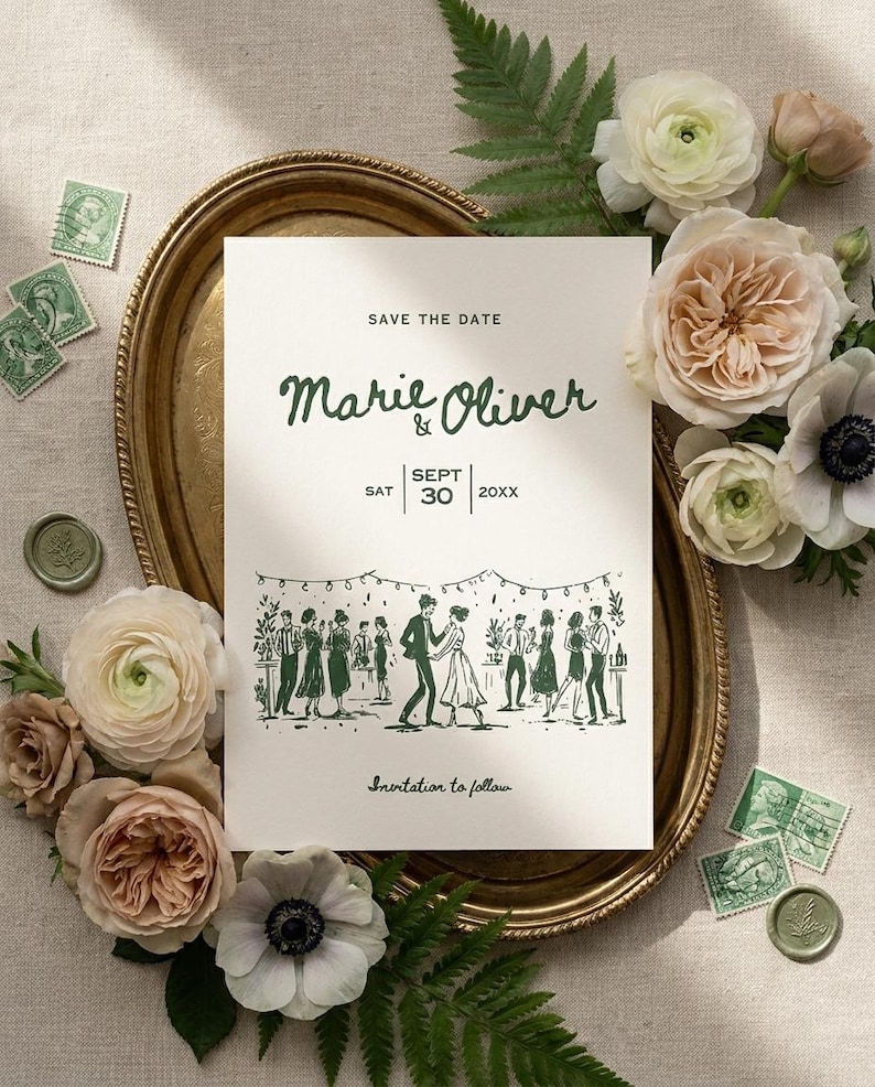 ¡Reserva la fecha! / ¡A bailar! / Plantilla de boda: Diseño dibujado a ...
