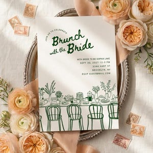 Plantilla de invitación para brunch nupcial, invitación dibujada a mano, descarga digital editable en Canva.