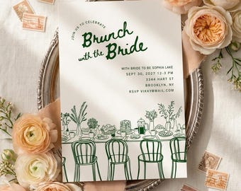 May include: A wedding brunch invitation with the text "Brunch with the Bride" in green script. The invitation is surrounded by peach-colored flowers, ribbons, and vintage stamps. The invitation includes the date, time, and location.