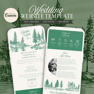 Könnte beinhalten: Eine digitale Hochzeits-Website-Vorlage auf zwei Smartphone-Bildschirmen. Das Design zeigt eine Waldlandschaftsillustration in Grün und Weiß mit Abschnitten für Veranstaltungsdetails, eine Liebesgeschichte und RSVP-Schaltflächen, alles in Canva editierbar.