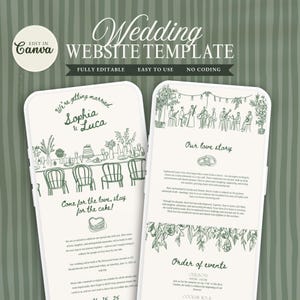Puede incluir: Una plantilla digital de sitio web de bodas con dos pantallas de teléfono móvil que muestran detalles del evento, incluyendo el texto Wedding Website Template, Sophia & Luca, Our love story y Order of events, decorado con ilustraciones de líneas verdes.