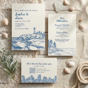 May include: A set of three cream-coloured wedding stationery cards with blue ink illustrations and text. The cards feature a lighthouse, coastal scenery, and a QR code. The text includes details for Sophia & Luca's wedding, celebration, and RSVP information.