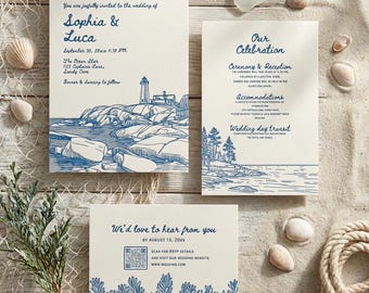 Plantilla de invitación de boda náutica: Diseño costero dibujado a mano (descarga digital)