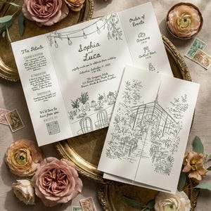 Puede incluir: Una invitación de boda tríptica con una ilustración de líneas verdes de un invernadero en la portada y detalles del evento en el interior. El texto incluye los nombres Sophia y Luca, la fecha 31 de septiembre de 2025 y una lista de eventos.