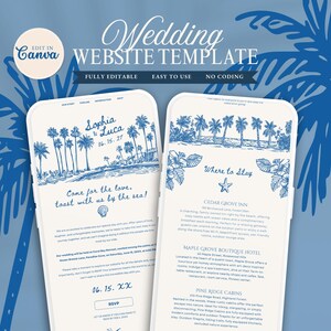 Plantilla de Canva para sitio web de bodas con temática de palmeras tropicales: diseño romántico dibujado a mano.