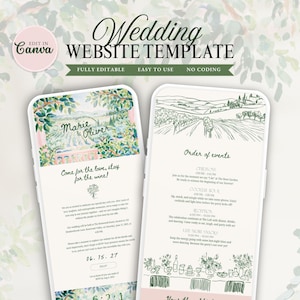 Peut inclure: Un modèle de site web de mariage numérique affiché sur deux écrans mobiles. L'écran de gauche présente un paysage à l'aquarelle avec le texte Marie & Oliver. L'écran de droite montre une illustration de vignoble au trait et un programme.
