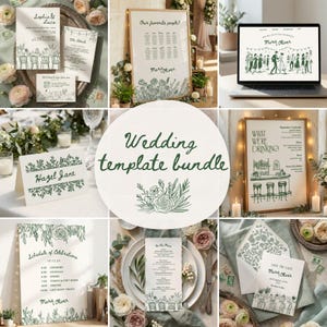 May include: A wedding template bundle featuring various stationery items with green floral and line art designs. Includes invitations, table cards, a seating chart, a bar menu, and a laptop screen displaying a wedding website. The text includes "Sophia & Luca", "Hazel Jane", and "Marie Oliver".