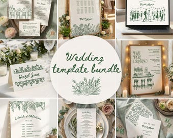 Pode incluir: Um pacote de modelos de casamento com designs florais e de arte de linha verde em vários artigos de papelaria. Inclui convites, cartões de mesa, um mapa de assentos, um menu de bar e uma tela de laptop exibindo um site de casamento. O texto inclui "Sophia & Luca", "Hazel Jane" e "Marie Oliver".