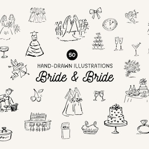 Puede incluir: Ilustraciones dibujadas a mano de elementos relacionados con bodas, incluyendo novias, un vestido de novia, pastel, copas de champán y un anillo. El texto "Bride & Bride" se destaca, junto con el número "50".