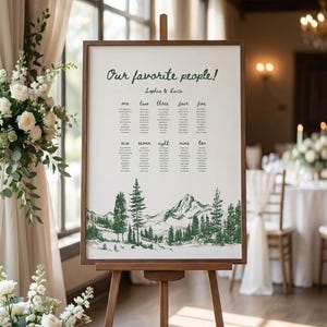 Könnte beinhalten: Ein rechteckiger Sitzplan für eine Hochzeit in einem dunklen Holzrahmen auf einer Holzstaffelei. Das weiße Schild zeigt den Text "Our favorite people!" und "Sophia & Luca" über zehn Namensspalten sowie eine grüne Berglandschaftszeichnung.