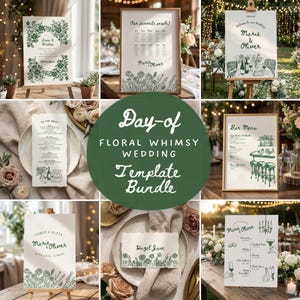 Puede incluir: Un conjunto de plantillas de papelería de boda en papel color crema con ilustraciones botánicas verde oscuro y texto escrito a mano. La colección incluye letreros para menús, planos de mesa, tarjetas y regalos, y cronogramas florales.