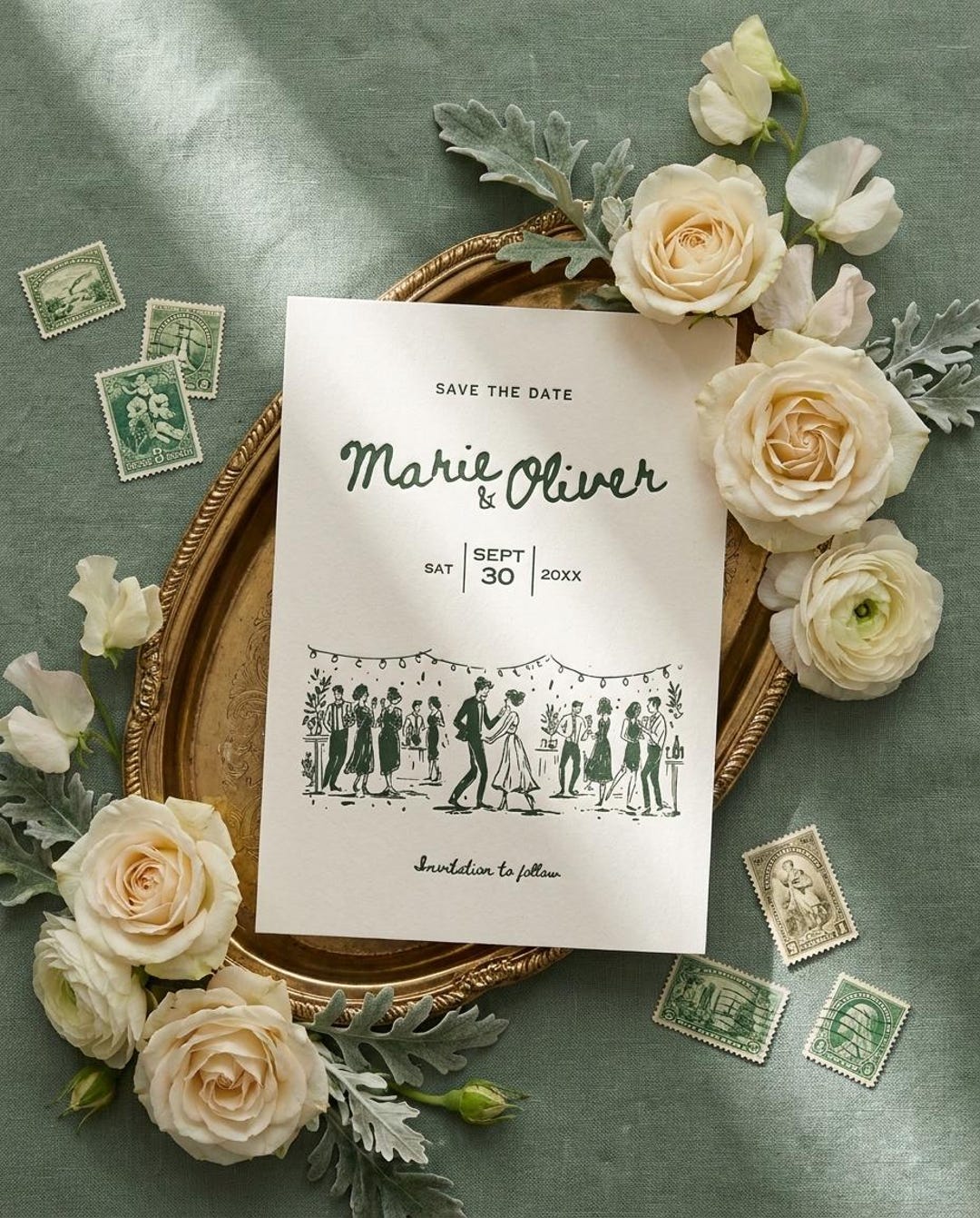 ¡Reserva la fecha! / ¡A bailar! / Plantilla de boda: Diseño dibujado a ...