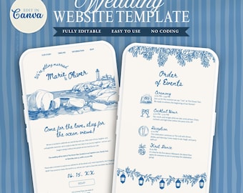 May include: A digital wedding website template displayed on two smartphone screens against a blue striped background. The design features blue ink-style illustrations of a coastal landscape, lanterns, and foliage with text including Wedding Website Template, Marie & Oliver, and Order of Events.