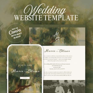 Puede incluir: Una plantilla de sitio web de bodas digital con un fondo de paisaje impresionista en tonos verdes y marrones. El diseño incluye el texto Wedding WEBSITE TEMPLATE, EDIT IN Canva WITH BUILT IN RSVP, Marie AND Oliver y JUNE 15, 202X.