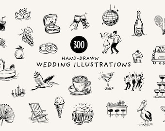 May include: Hand-drawn wedding illustrations in black ink on a cream background. The image includes drawings of wedding rings, champagne glasses, a disco ball, a car, and the text "300 HAND-DRAWN WEDDING ILLUSTRATIONS."