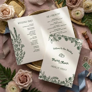 Könnte beinhalten: Ein gefaltetes Hochzeitsprogramm mit dunkelgrünen floralen Linienzeichnungen, dem Text "Welcome to Our Wedding", "Marie & Oliver" und "ORDER OF SERVICE" auf dem Deckblatt sowie Details zur Hochzeitsgesellschaft und Zeremonie.