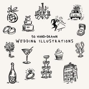 手描きウェディングアイコン50選：Canva SVGクリップアート（デジタルダウンロード）