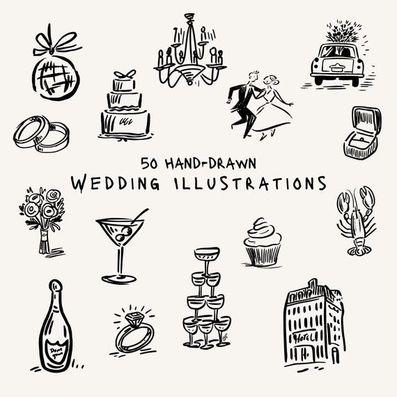 50 Hand-Drawn Wedding Icons: Canva SVG Clip Art (Digital Download)