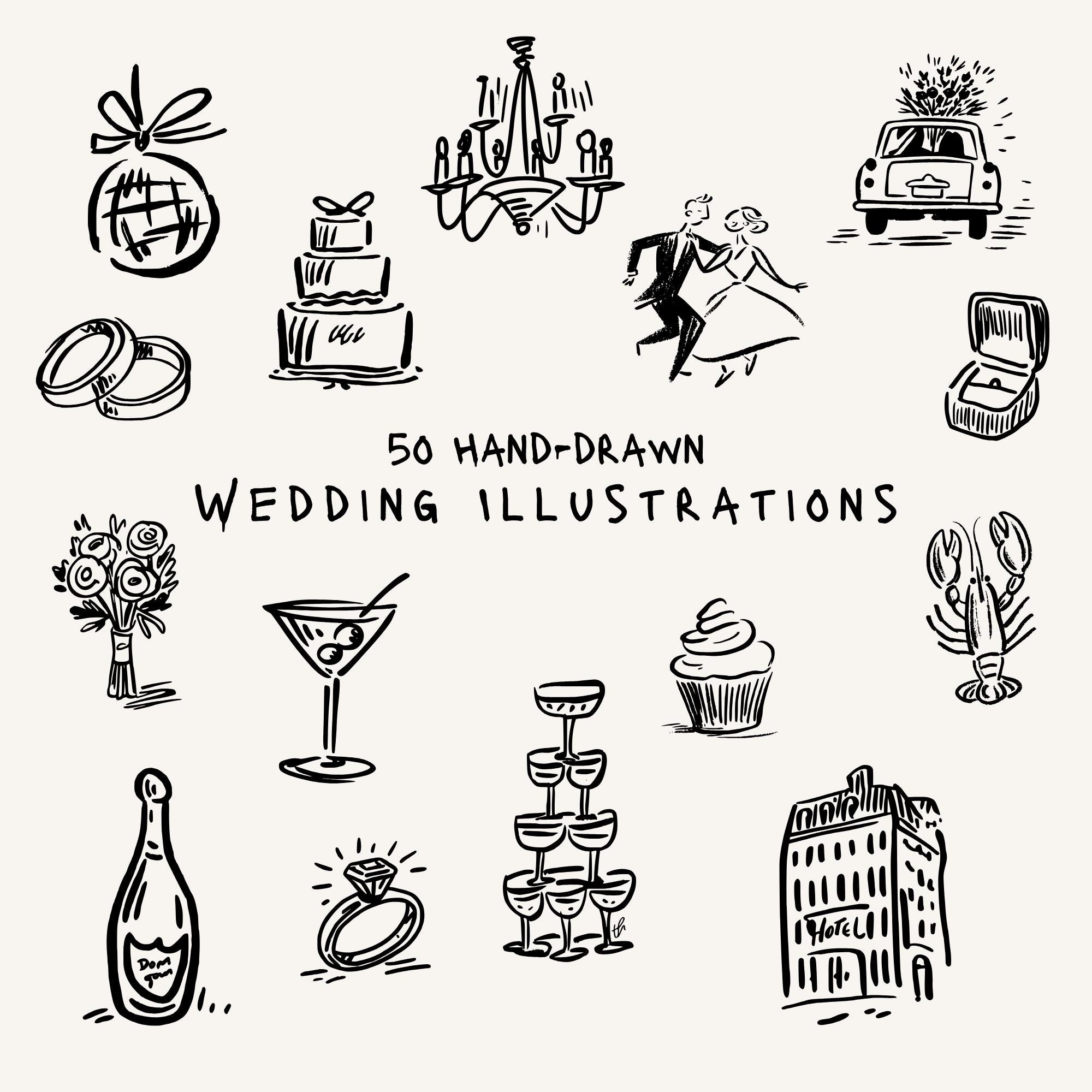 50 Hand-Drawn Wedding Icons: Canva SVG Clip Art (Digital Download)
