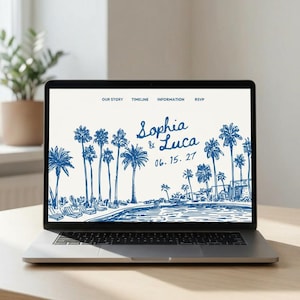 May include: A laptop screen displaying a website with a blue ink-style sketch of palm trees and a swimming pool. The text reads "Sophia & Luca" and "06. 15. 27" with navigation menu items "OUR STORY", "TIMELINE", "INFORMATION", and "RSVP" at the top.