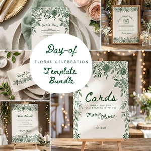 Peut inclure: Un ensemble de modèles de papeterie de mariage sur papier blanc cassé avec des illustrations botaniques vert foncé. Le kit comprend des panneaux pour livre d'or, cartes et menu, affichant les noms Marie & Oliver et la date 10.12.27 en vert.