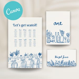 Plano de asientos para bodas, plantilla de Canva, diseño de boda a mano, tarjetas con números de mesa, nombres de mesas para bodas, asientos de mesa originales dibujados a mano