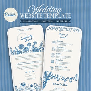 May include: A digital wedding website template displayed on two mobile screens against a blue striped background. The design features blue floral line art, the names Sophia & Luca, an order of events, and RSVP details in a clean, white layout.