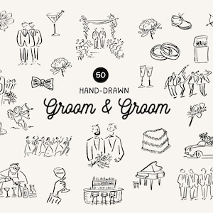 Op de afbeelding: Handgetekende zwart-wit illustraties van bruiloft-gerelateerde elementen, waaronder bruidegoms, ringen, taart, champagne en een auto. De tekst "Groom & Groom" wordt weergegeven met het nummer "50" en de woorden "Handgetekend".