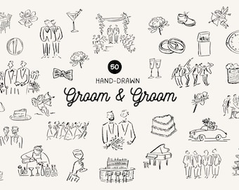 May include: Hand-drawn black and white illustrations of wedding-related elements, including grooms, rings, cake, champagne, and a car. The text "Groom & Groom" is displayed with the number "50" and the words "Hand-Drawn".