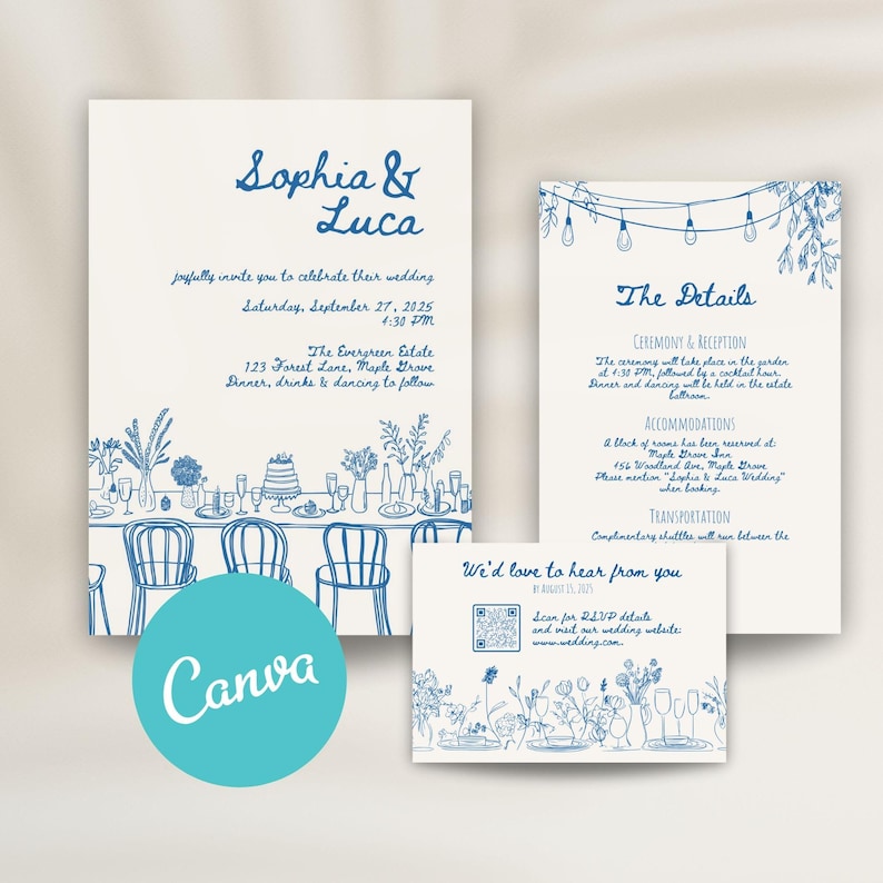 Hand-drawn Wedding Invitation Template: Romantic Canva Design - Etsy