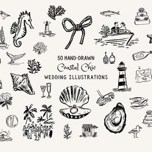 May include: Hand-drawn black and white illustrations with a coastal theme. Includes images of a seahorse, lighthouse, sailboat, seashells, and wedding-related elements. Text reads "50 Hand-Drawn Coastal Chic Wedding Illustrations."