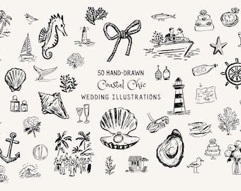 Coastal Chic 50 Hand-Drawn Wedding Icons: Canva SVG Clip Art (Digital Download)