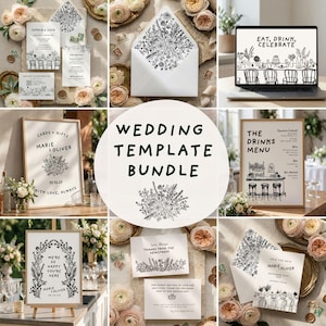 May include: A wedding template bundle with floral illustrations on stationery. Includes invitations, envelopes, a drinks menu, and a sign that says "Cards + Gifts". The text "Wedding Template Bundle" is also visible.