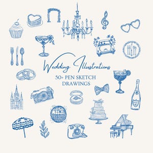 May include: A collection of 50+ blue pen sketch illustrations for weddings. The illustrations include a wedding cake, a chandelier, a church, a camera, a champagne bottle, a bow tie, a pair of glasses, a ring, a bouquet, a car, a cocktail glass, a disco ball, a microphone, a cake topper, a wedding arch, a musical note, a pair of forks and knives, a wedding invitation, and a piano.
