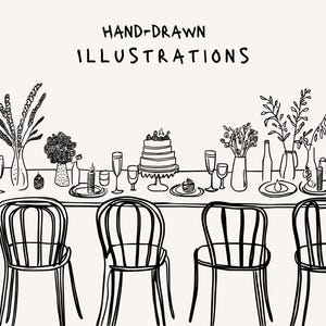 以下が含まれることがあります： HAND-DRAWN ILLUSTRATIONSという文字が上部に描かれた白黒の線画。花瓶、グラス、皿、ケーキが並べられた長いダイニングテーブルと、手前に配置された4脚の椅子が描かれています。