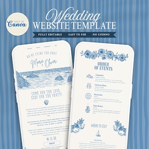Peut inclure: Un modèle de site web de mariage numérique affiché sur deux écrans mobiles sur un fond rayé bleu. Le design présente des illustrations au trait bleu d'une scène côtière, de roses et d'un voilier, avec du texte incluant "Wedding WEBSITE TEMPLATE" et "Marie & Oliver".