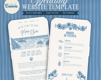 May include: A digital wedding website template displayed on two mobile screens against a blue striped background. The design features blue line art illustrations of a coastal scene, roses, and a sailboat, with text including "Wedding WEBSITE TEMPLATE" and "Marie & Oliver".