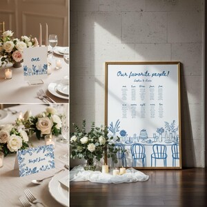 Könnte beinhalten: Ein weißer Sitzplan für Hochzeiten in einem goldenen Rahmen mit blauen Strichzeichnungen von Stühlen und Tischen, mit dem Text Our favorite people, Sophie & Luca, und einer Liste von Tischen von eins bis zehn, neben einem Strauß weißer Blumen.