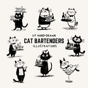 May include: A collection of hand-drawn illustrations featuring cats as bartenders. Each cat is depicted in a unique pose, some holding trays of drinks, others with bottles and glasses. The illustrations are in black and white.