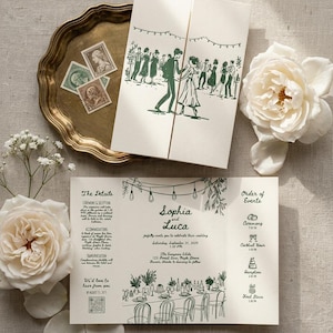 Puede incluir: Una invitación de boda color crema con una cubierta plegable que presenta una ilustración en tinta verde de personas bailando bajo luces de cadena. El interior muestra el texto para Sophia y Luca, detalles del evento y un código QR.