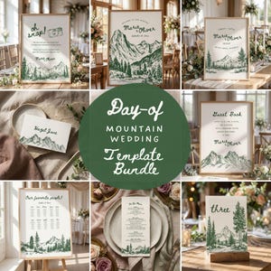 Peut inclure: Un ensemble de modèles de papeterie de mariage présentant des illustrations de montagnes et de forêts à l'encre vert foncé sur papier blanc. La collection comprend des panneaux, des menus et des cartes avec du texte comme Oh Snap, Marie & Oliver et Guest Book, affichant un design cohérent inspiré de la nature.