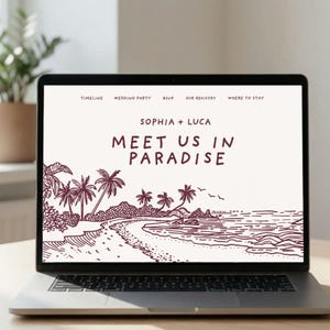 May include: A laptop screen displaying a wedding website with the text Sophia + Luca and Meet Us In Paradise. The design features a dark maroon line art illustration of a tropical beach with palm trees, ocean waves, and a navigation menu.