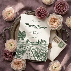 May include: A wedding invitation with the names "Marie & Oliver" and a vineyard illustration, along with an envelope sealed with wax, rests on a silver tray. The scene is adorned with blush and mauve roses, set against a mauve fabric.