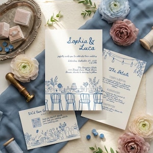 Puede incluir: Un juego de invitaciones de boda en papel color crema con ilustraciones en tinta azul de una mesa de banquete, sillas y arreglos florales. El texto incluye los nombres Sophia & Luca, detalles del evento y un código QR para RSVP.