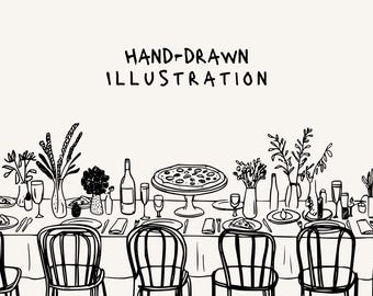 May include: A black and white hand-drawn illustration of a dining table set for a meal. The table is set with plates, glasses, flowers, and a pizza on a cake stand. The text "HAND-DRAWN ILLUSTRATION" is at the top.